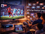 3D illustration of a family watching a live football match using IPTV for Premier League on a smart TV, showing modern IPTV streaming technology, multi-device access, and an immersive home viewing experience