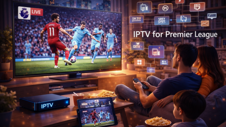 3D illustration of a family watching a live football match using IPTV for Premier League on a smart TV, showing modern IPTV streaming technology, multi-device access, and an immersive home viewing experience