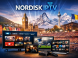 Nordisk IPTV subscription showcasing live TV, sports, movies, and series streaming across Europe on multiple devices including smart TV, laptop, tablet, and mobile