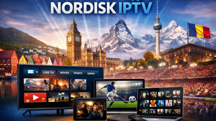 Nordisk IPTV subscription showcasing live TV, sports, movies, and series streaming across Europe on multiple devices including smart TV, laptop, tablet, and mobile